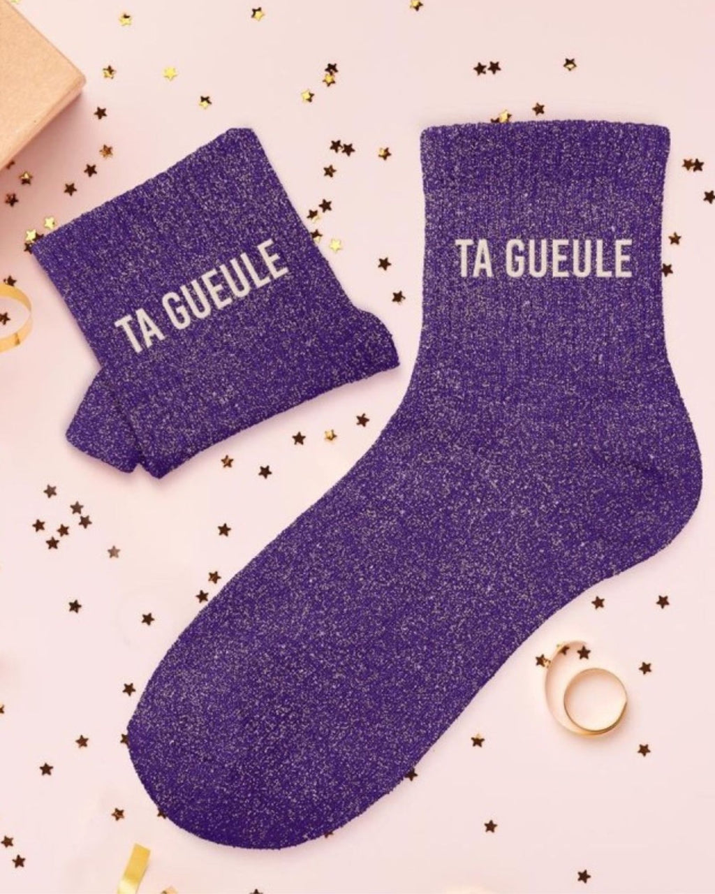 Chaussettes à paillettes violettes « Ta gueule »