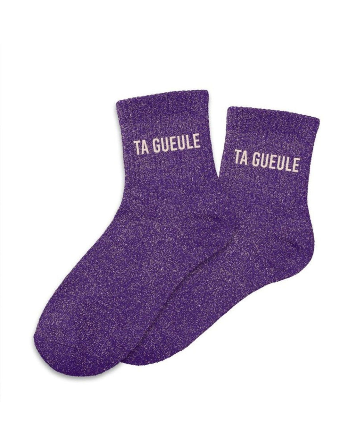 Chaussettes à paillettes violettes « Ta gueule »