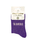 Chaussettes à paillettes violettes « Ta gueule »